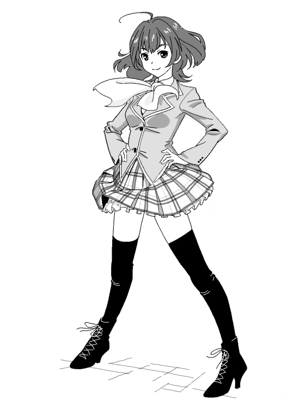 1girl ahoge bad_drawr_id bad_id blazer boots character_request copyright_request cross-laced_footwear francine_(daijaemon) full_body greyscale hands_on_own_hips high_heels jacket long_sleeves looking_at_viewer monochrome oekaki plaid plaid_skirt pleated_skirt school_uniform short_hair simple_background skirt smile solo standing tachi-e thighhighs white_background zettai_ryouiki