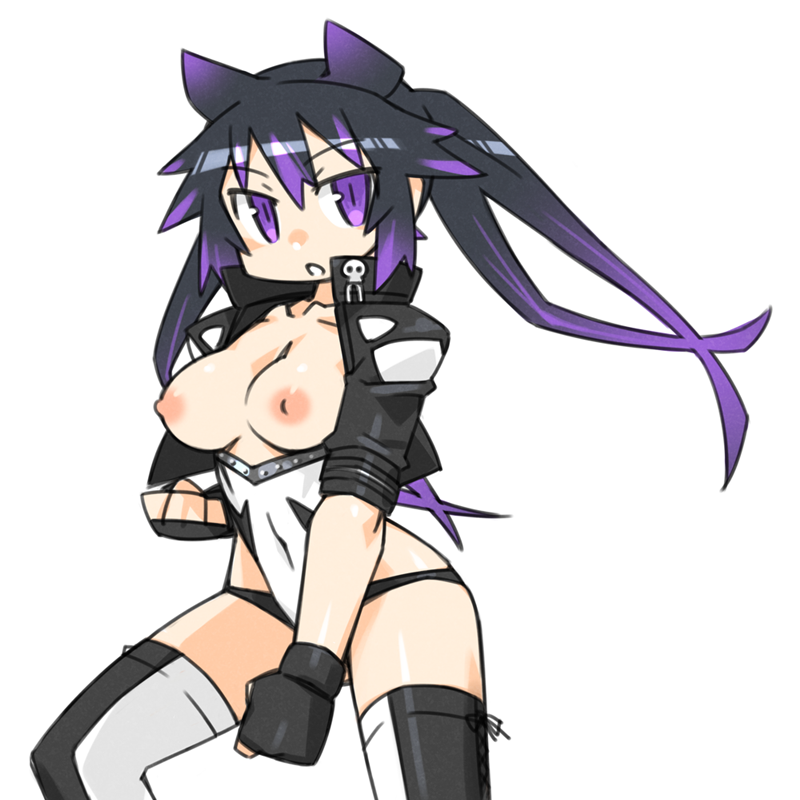 1girl black_gloves black_hair black_jacket black_panties breasts breasts_out cannsk commentary_request covered_nipples cowboy_shot cropped_jacket fingerless_gloves gloves gradient_hair hair_horns highleg highleg_leotard jacket leotard medium_breasts multicolored_hair nipples panties purple_eyes purple_hair ring_dream solo thighhighs twintails two-tone_thighhighs underwear white_leotard yakushiji_irori