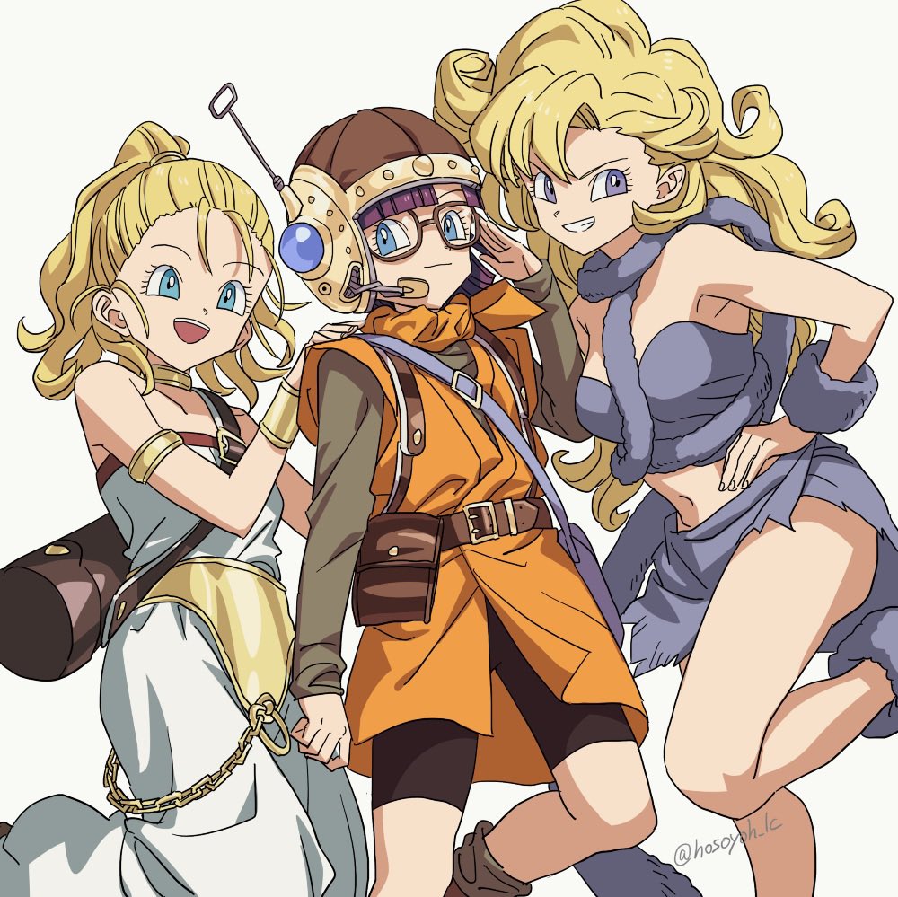 3girls antennae armlet ayla_(chrono_trigger) baggy_pants bare_shoulders belt bike_shorts black_shorts blonde_hair blue_eyes blunt_bangs blunt_ends boots bracer breasts brown_belt cavewoman chain chrono_trigger closed_mouth cowboy_shot crop_top curly_hair fake_tail fur_boots fur_scarf fur_shirt fur_skirt fur_wrist_cuffs glass gold_chain gold_choker gold_trim grey_eyes grey_scarf grey_shirt grey_skirt grey_socks grin hand_on_another's_shoulder hand_on_own_hip headset helmet hosodayo long_hair long_sleeves lucca_ashtear marle_(chrono_trigger) medium_breasts midriff miniskirt multiple_girls navel neckerchief open_mouth orange_neckerchief orange_tunic pants ponytail purple_hair quiver salute scarf shirt short_hair shorts skirt smile socks strapless tail teeth tube_top twitter_username white_background white_romper