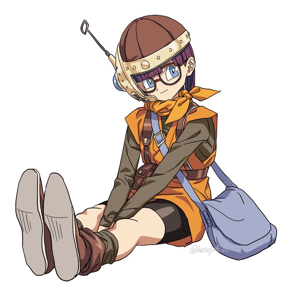 1girl antennae bag between_legs blue_eyes blunt_bangs blunt_ends boots brown_footwear chrono_trigger closed_mouth full_body glasses grey_shirt grey_socks hand_between_legs headset helmet hosodayo light_smile long_sleeves lucca_ashtear neckerchief orange_neckerchief orange_tunic purple_hair shirt short_hair shoulder_bag sitting socks solo v_arms white_background