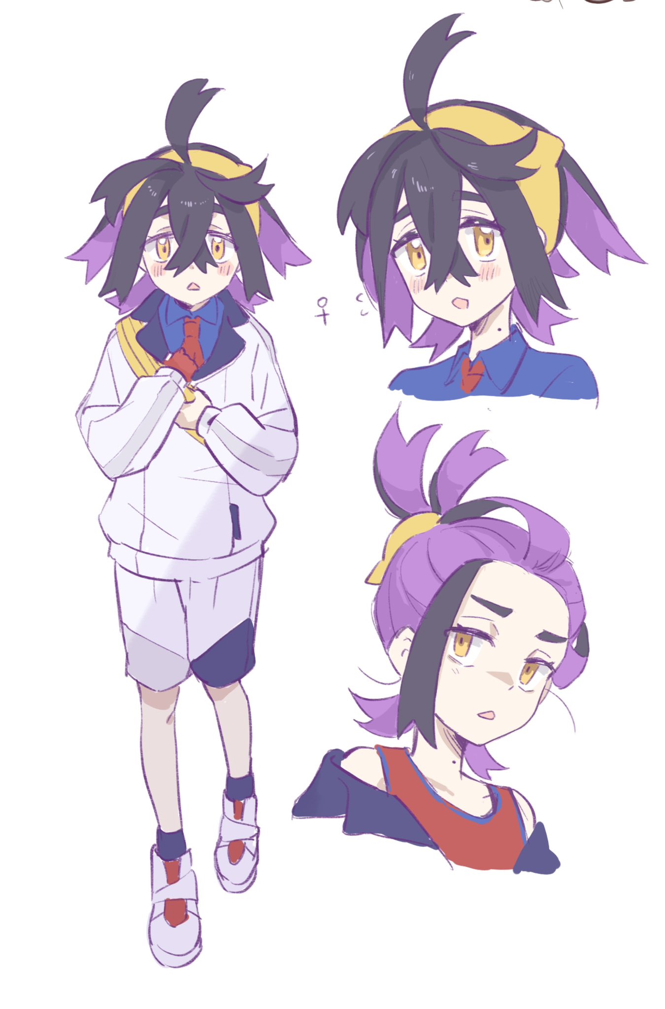 1boy black_hair blue_shirt blush crossed_bangs full_body genderswap genderswap_(mtf) gloves hair_between_eyes hairband highres jacket kieran_(pokemon) long_sleeves looking_at_viewer mole mole_on_neck multicolored_hair multiple_views nkstks open_mouth orange_eyes pokemon pokemon_sv purple_hair red_gloves red_tank_top shirt shoes shorts simple_background single_glove socks standing tank_top venus_symbol white_background white_jacket white_shorts