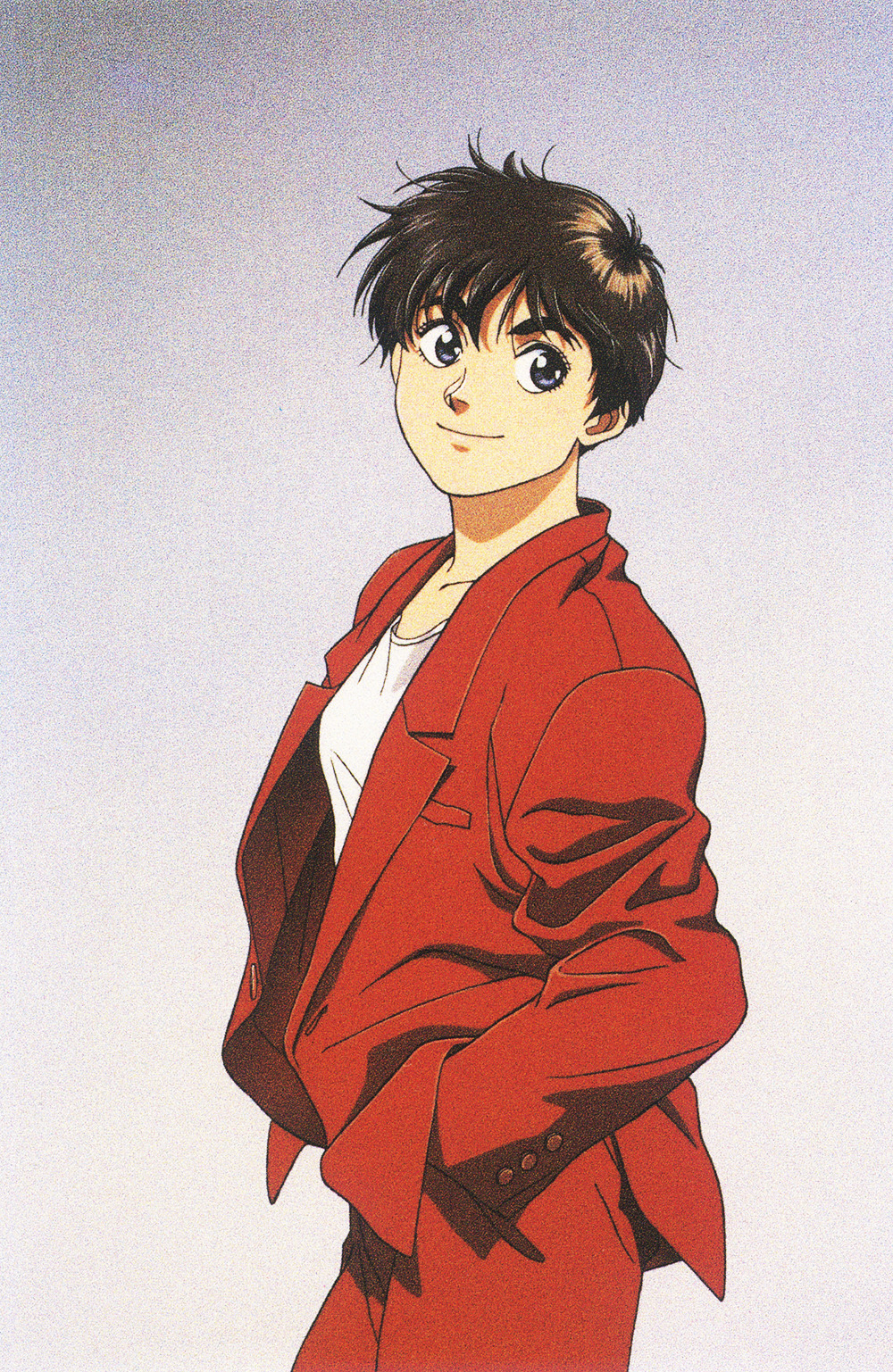 1990s_(style) 1girl artist_request black_eyes buttons gradient_background hands_in_pockets head_tilt highres izumi_noa jacket key_visual kidou_keisatsu_patlabor looking_at_viewer looking_to_the_side official_art promotional_art red_hair retro_artstyle scan short_hair suit traditional_media