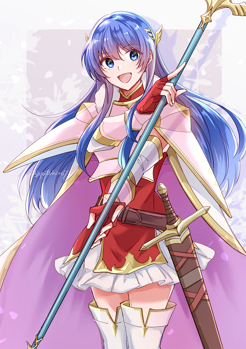 1girl :d armor blue_eyes blue_hair breastplate caeda_(beloved_queen)_(fire_emblem) caeda_(fire_emblem) cape dress fingerless_gloves fire_emblem fire_emblem:_mystery_of_the_emblem fire_emblem_heroes gloves highres holding holding_polearm holding_weapon long_hair looking_to_the_side official_alternate_costume open_mouth pauldrons polearm red_dress red_gloves sheath sheathed shoulder_armor sidelocks skirt smile solo sword twitter_username weapon white_skirt yutohiroya