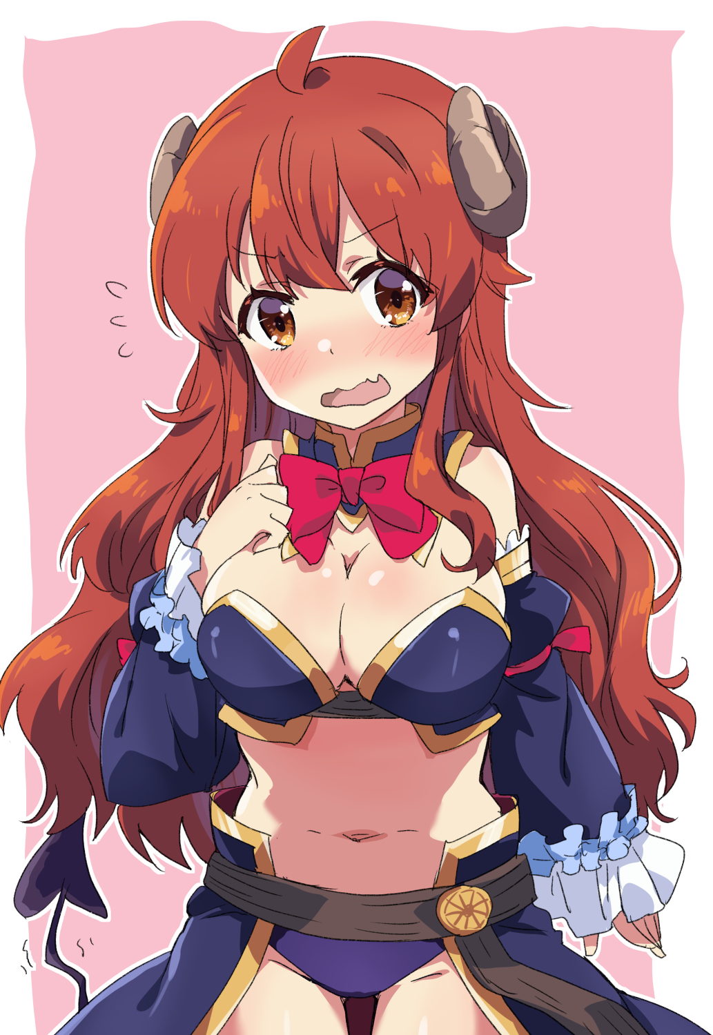 1girl ahoge arm_at_side bare_shoulders blush bow breasts brown_eyes brown_hair cleavage commentary_request cowboy_shot crisis_management_form_(machimazo) curled_horns curvy demon_girl demon_horns demon_tail detached_collar detached_sleeves embarrassed expressive_tail fang flying_sweatdrops frilled_sleeves frills hair_between_eyes hand_up hashtag-only_commentary highres horns large_breasts long_hair long_sleeves looking_at_viewer machikado_mazoku mukaibi_aoi navel nose_blush open_mouth red_bow skin_fang solo stomach tail thigh_gap v-shaped_eyebrows very_long_hair wavy_hair wavy_mouth wide_sleeves yoshida_yuuko_(machikado_mazoku)