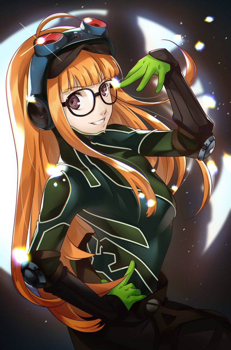 1girl adjusting_eyewear ahoge black-framed_eyewear blunt_bangs bodysuit brown_eyes commentary glasses gloves goggles goggles_on_head green_bodysuit green_gloves grin hand_on_own_hip highres long_hair looking_at_viewer orange_hair persona persona_5 sakura_futaba smile solo straight_hair wanderstillart