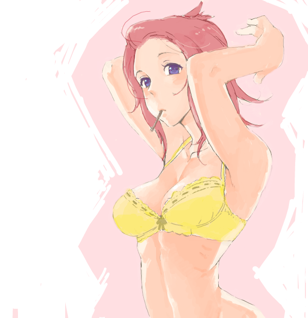 1girl armpits arms_up bad_drawr_id bad_id bare_arms blue_eyes bra breasts character_request copyright_request food lingerie long_hair looking_at_viewer mouth_hold oekaki pego_(peco_peco) pink_background pocky red_hair ribs short_hair simple_background solo stomach two-tone_background underwear underwear_only white_background yellow_bra