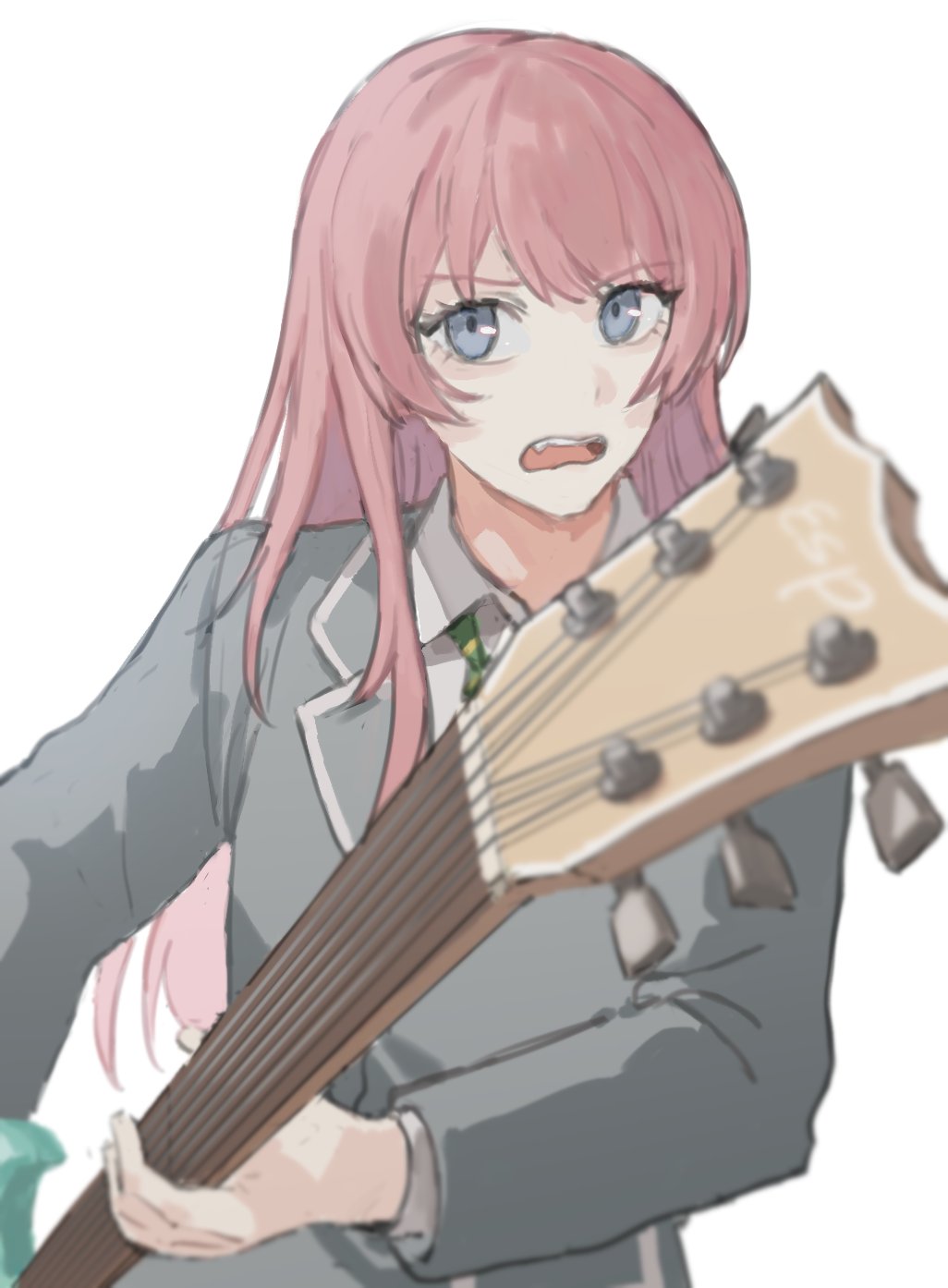 1girl bang_dream! bang_dream!_it's_mygo!!!!! blue_eyes chihaya_anon collared_shirt commentary electric_guitar fang grey_jacket guitar haneoka_school_uniform hashtag-only_commentary highres holding holding_guitar holding_instrument instrument jacket long_hair long_sleeves looking_at_viewer nininikal open_mouth pink_hair school_uniform shirt simple_background solo upper_body white_background white_shirt