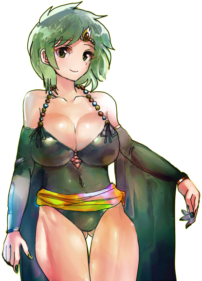 1girl ass_visible_through_thighs breasts byte_(grunty-hag1) cleavage closed_mouth commentary_request detached_sleeves final_fantasy final_fantasy_iv green_eyes green_hair large_breasts long_hair looking_at_viewer older rydia simple_background smile solo thighhighs white_background
