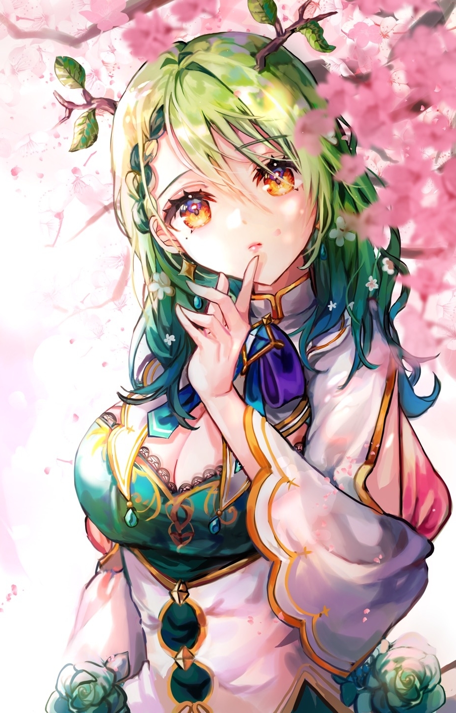 1girl antlers blue_dress braid braided_bangs breasts ceres_fauna ceres_fauna_(1st_costume) cherry_blossoms cleavage commentary dress dress_flower finger_to_own_chin flower framed_breasts green_hair hair_flower hair_ornament highres hololive hololive_english horns index_finger_raised large_breasts lips long_hair long_sleeves looking_at_viewer mole mole_under_eye multicolored_hair reum0602 solo streaked_hair symbol-only_commentary underbust upper_body virtual_youtuber wide_sleeves yellow_eyes