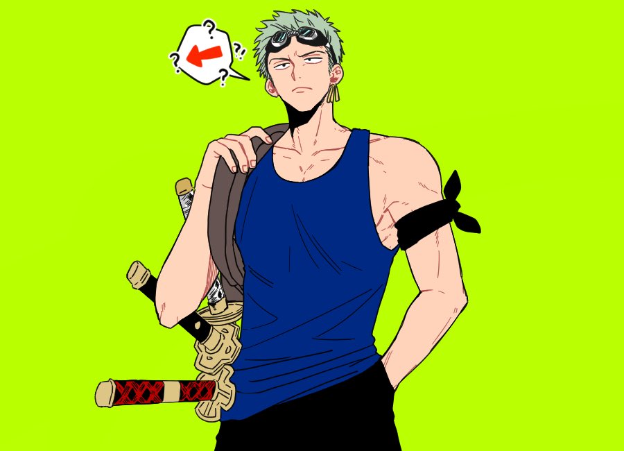 1boy ? arrow_(symbol) bag bandana_around_arm blue_tank_top closed_mouth commentary earrings enahr_1111 goggles goggles_on_head green_background green_hair jewelry korean_commentary male_focus one_piece roronoa_zoro short_hair shoulder_bag simple_background solo sword tank_top upper_body weapon