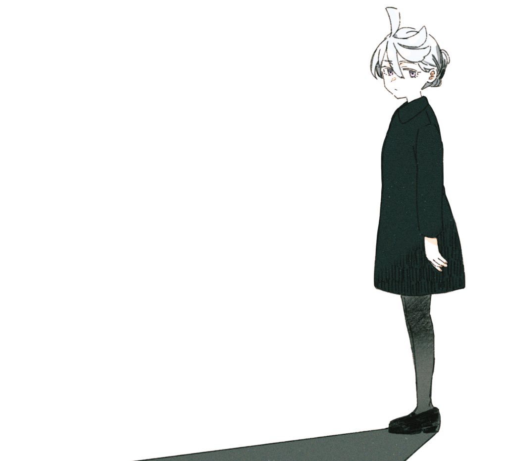 1girl commentary_request dress expressionless full_body greyscale gundam gundam_suisei_no_majo hair_up loafers long_sleeves miorine_rembran monochrome pantyhose shadow shoes solo vt104k