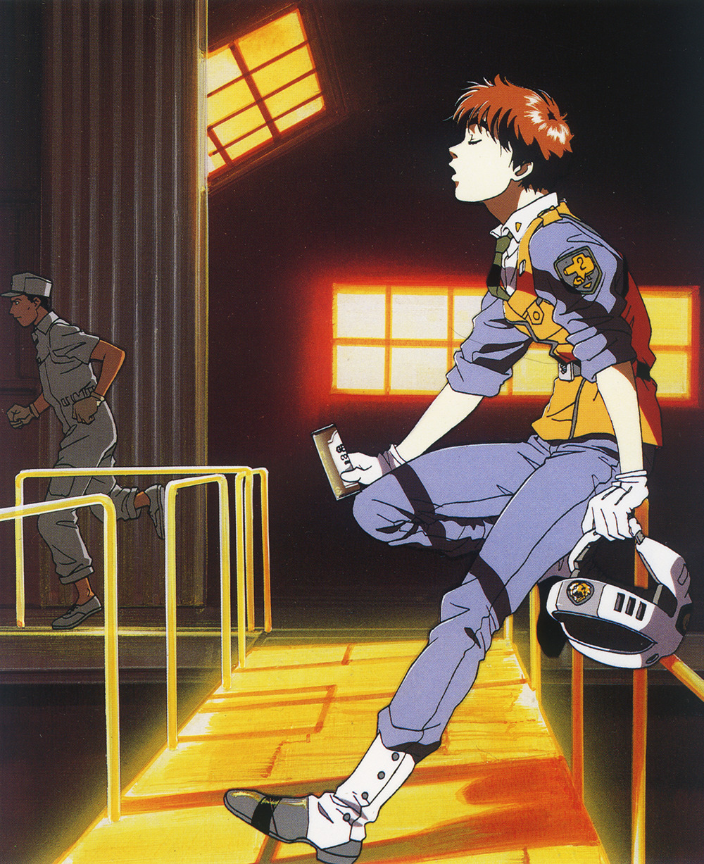 1990s_(style) 1boy 1girl boots catwalk_(walkway) closed_eyes dusk gloves hangar hat helmet highres izumi_noa jumpsuit kidou_keisatsu_patlabor official_art police police_uniform policewoman promotional_art red_hair resting retro_artstyle running scan shinohara_asuma short_hair sunlight uniform unworn_headwear unworn_helmet vest window