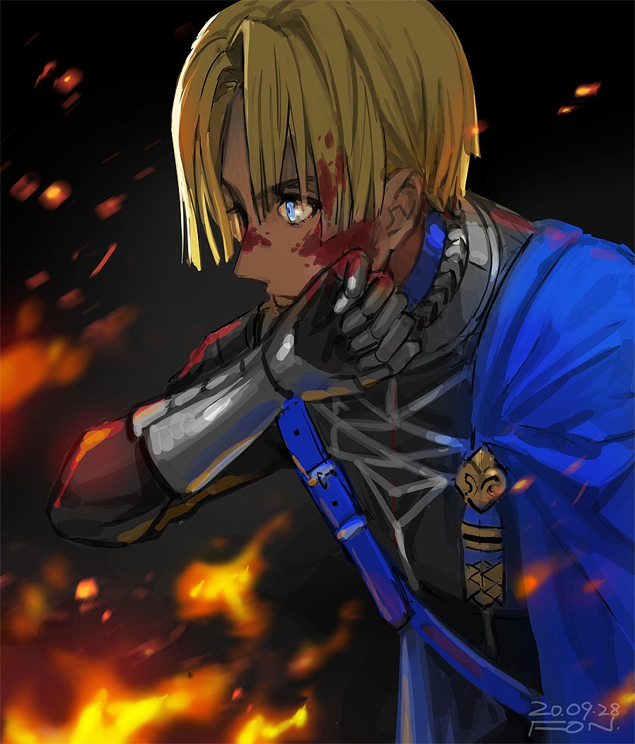 1boy armor blonde_hair blood blood_on_face blood_on_hands blue_cape blue_eyes cape closed_mouth dated dimitri_alexandre_blaiddyd embers fire fire_emblem fire_emblem:_three_houses fon-due_(fonfon) from_side garreg_mach_monastery_uniform gauntlets looking_ahead male_focus signature solo upper_body wiping_blood