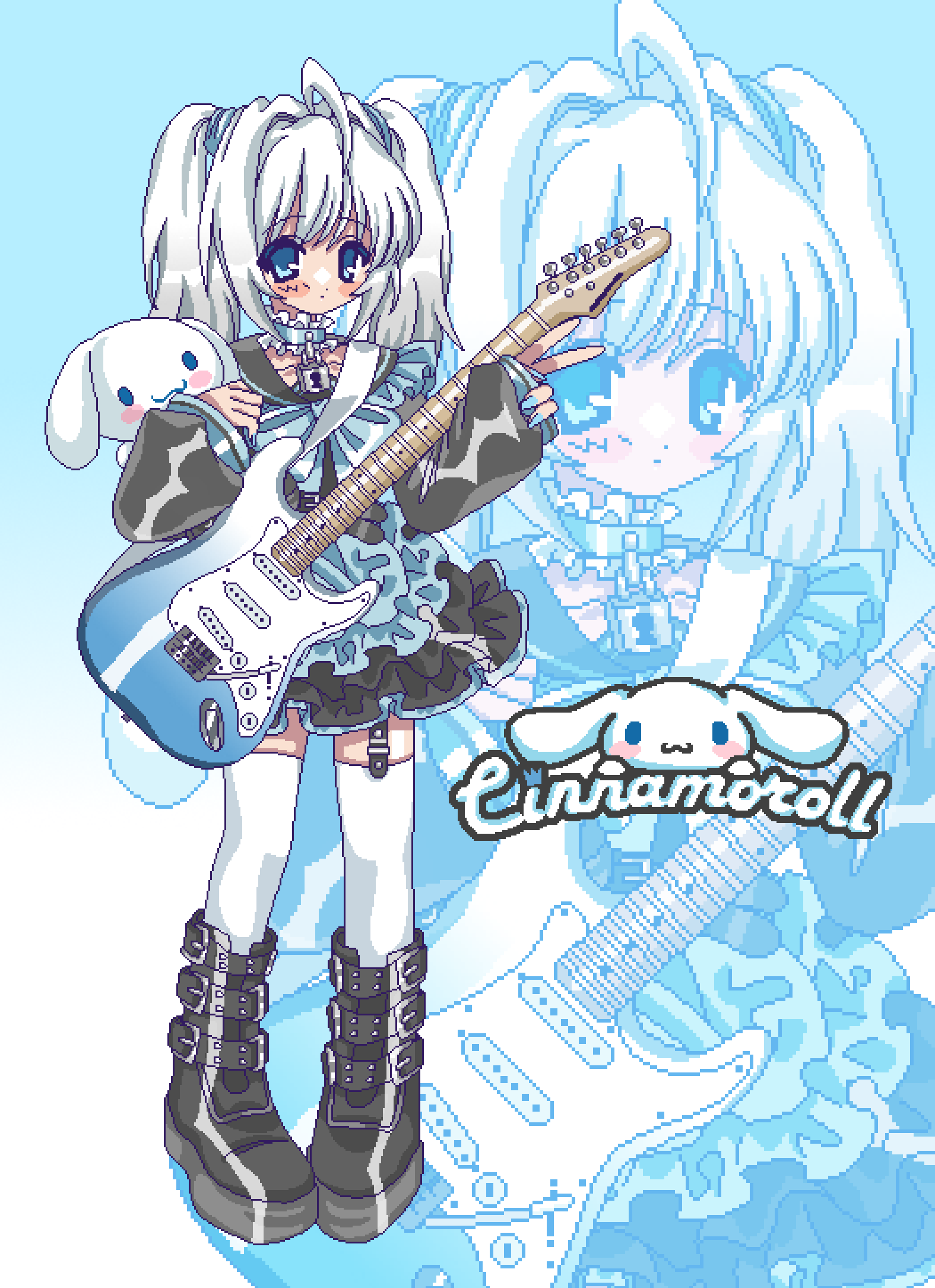 1boy 1girl ahoge amnyuixx black_dress black_footwear black_sleeves blue_dress blue_eyes blue_nails blush boots character_name cinnamoroll closed_mouth creature_and_personification dress dual_persona full_body genderswap genderswap_(mtf) guitar highres holding holding_instrument instrument multicolored_clothes multicolored_dress personification pixel_art sanrio thighhighs twintails v white_hair white_thighhighs