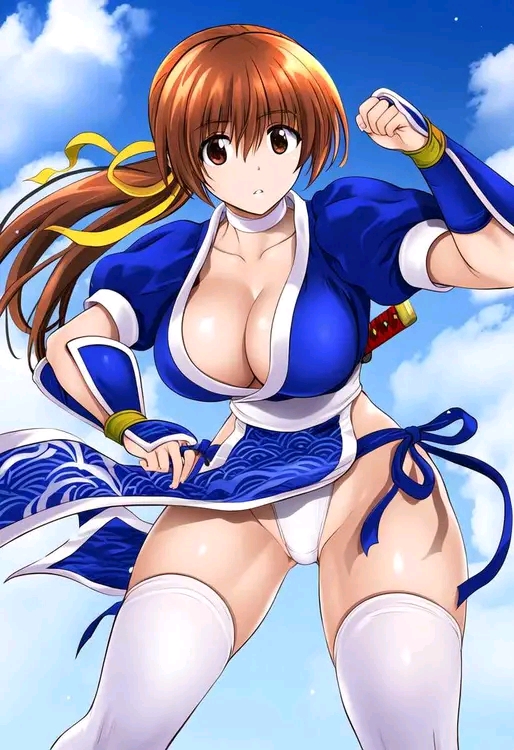 artist_request blue_sky breasts cleavage dead_or_alive kasumi_(doa) looking_at_viewer ninja panties parted_lips pelvic_curtain ponytail ribbon sky thighhighs underwear yellow_ribbon