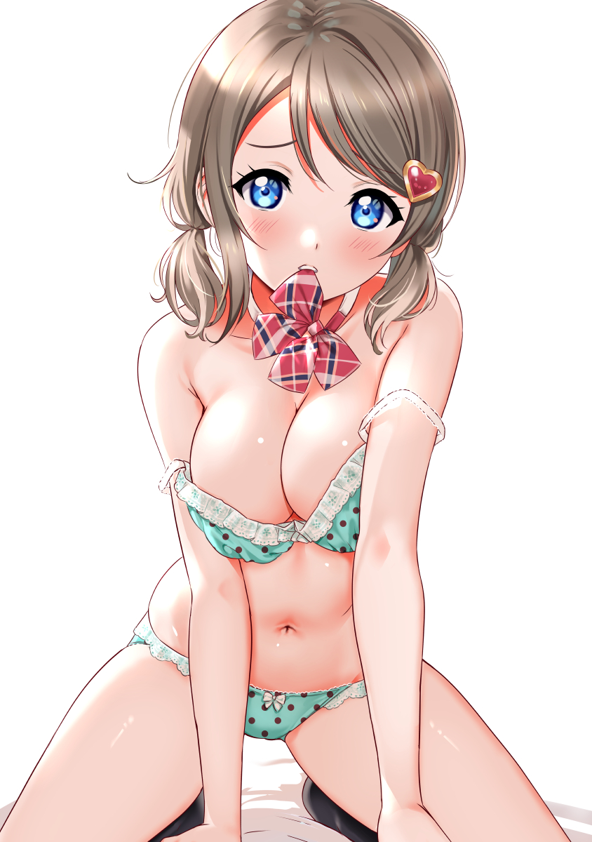 1girl alternate_hairstyle arm_support bangs bare_arms bare_shoulders bed bed_sheet black_legwear blue_eyes blush bow bowtie bra breasts cleavage green_bra green_panties grey_hair hair_ornament heart highres kneeling lace lace-trimmed_bra lace-trimmed_panties looking_at_viewer love_live! love_live!_sunshine!! medium_breasts mouth_hold navel panties plaid_neckwear polka_dot polka_dot_bra polka_dot_panties rozen5 short_hair simple_background solo twintails underwear watanabe_you white_background
