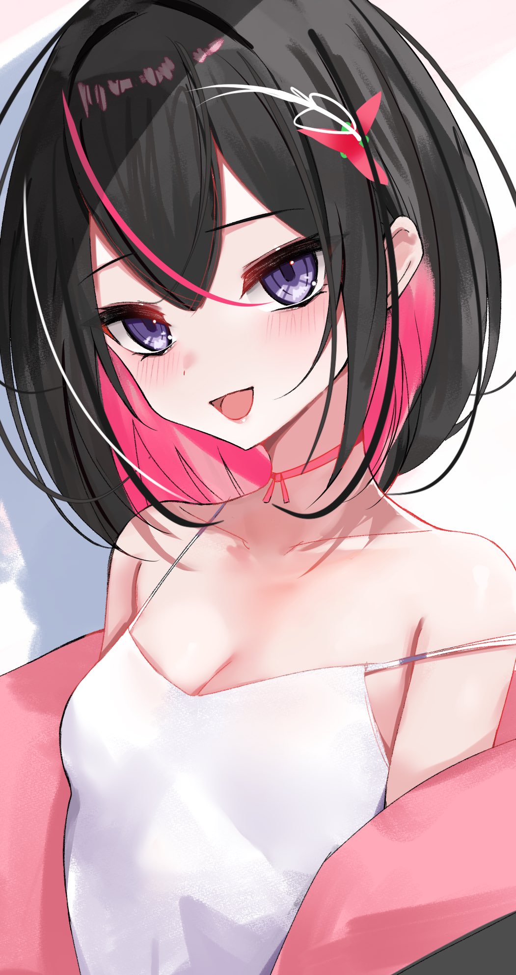 1girl azki_(hololive) black_hair blush breasts camisole choker colored_inner_hair english_commentary highres hololive looking_at_viewer medium_hair multicolored_hair open_mouth pink_choker pink_hair purple_eyes rifufu small_breasts solo strap_slip streaked_hair upper_body virtual_youtuber white_camisole