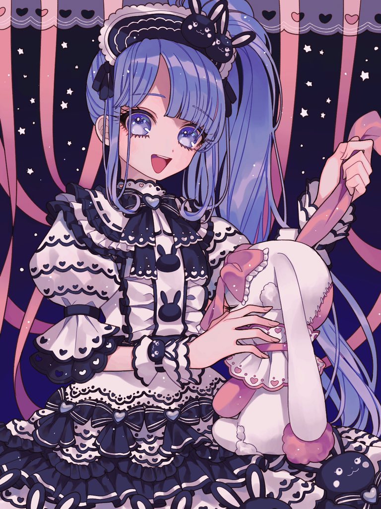 1girl ao_(ao0_0nemu) bad_id bad_twitter_id black_bow blunt_bangs bow center_frills commentary_request cowboy_shot dress frilled_dress frilled_sleeves frills hairband hand_up holding holding_stuffed_toy lolita_fashion lolita_hairband long_hair looking_at_viewer manaka_non open_mouth pretty_series pripara puffy_sleeves purple_eyes purple_hair side_ponytail smile solo standing stuffed_animal stuffed_rabbit stuffed_toy two-tone_dress very_long_hair wrist_cuffs