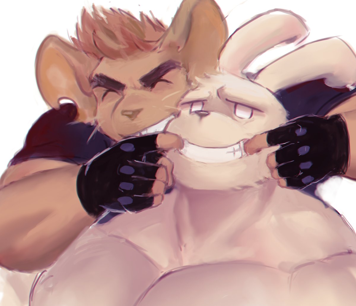 2boys bara blank_eyes borrowed_character clothed_male_nude_male couple ep06 forced_smile furrowed_brow furry furry_male furry_with_furry huge_eyebrows human_(uleez) large_pectorals male_focus mouse_boy multiple_boys muscular muscular_male nude original pectorals rabbit_boy rabbit_boy_(uleez) short_hair smile upper_body yaoi