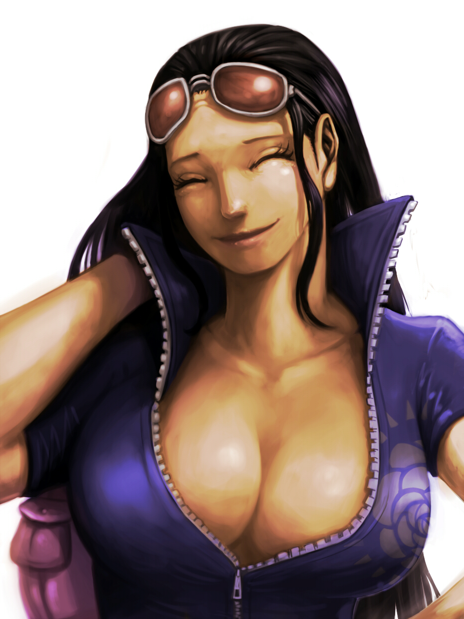 1girl black_hair closed_eyes closed_mouth collarbone commentary_request eyewear_on_head highres long_hair meta_gun nico_robin one_piece short_sleeves simple_background smile solo sunglasses white_background