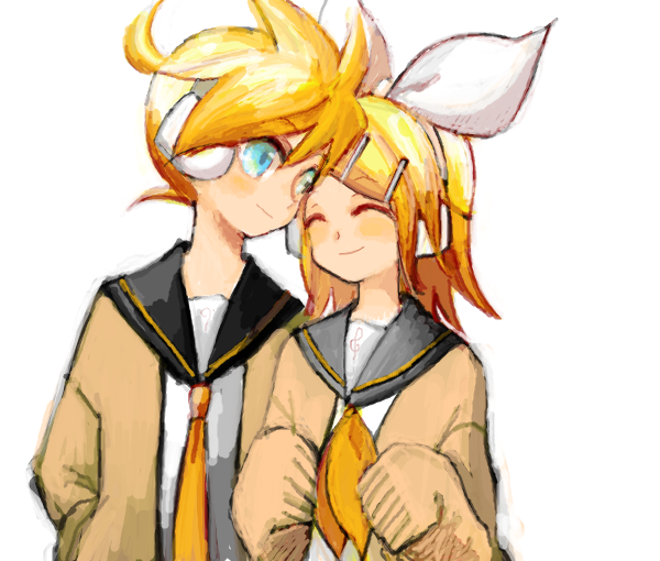 1boy 1girl bad_drawr_id bad_id black_sailor_collar blonde_hair blue_eyes bow brother_and_sister cardigan closed_eyes closed_mouth hair_bow hair_ornament hairclip headphones kagamine_len kagamine_rin looking_at_another michi_ta_(masquerade) neckerchief necktie oekaki orange_neckerchief orange_necktie sailor_collar school_uniform shirt short_hair siblings simple_background sleeves_past_wrists smile treble_clef twins upper_body vocaloid white_background white_bow