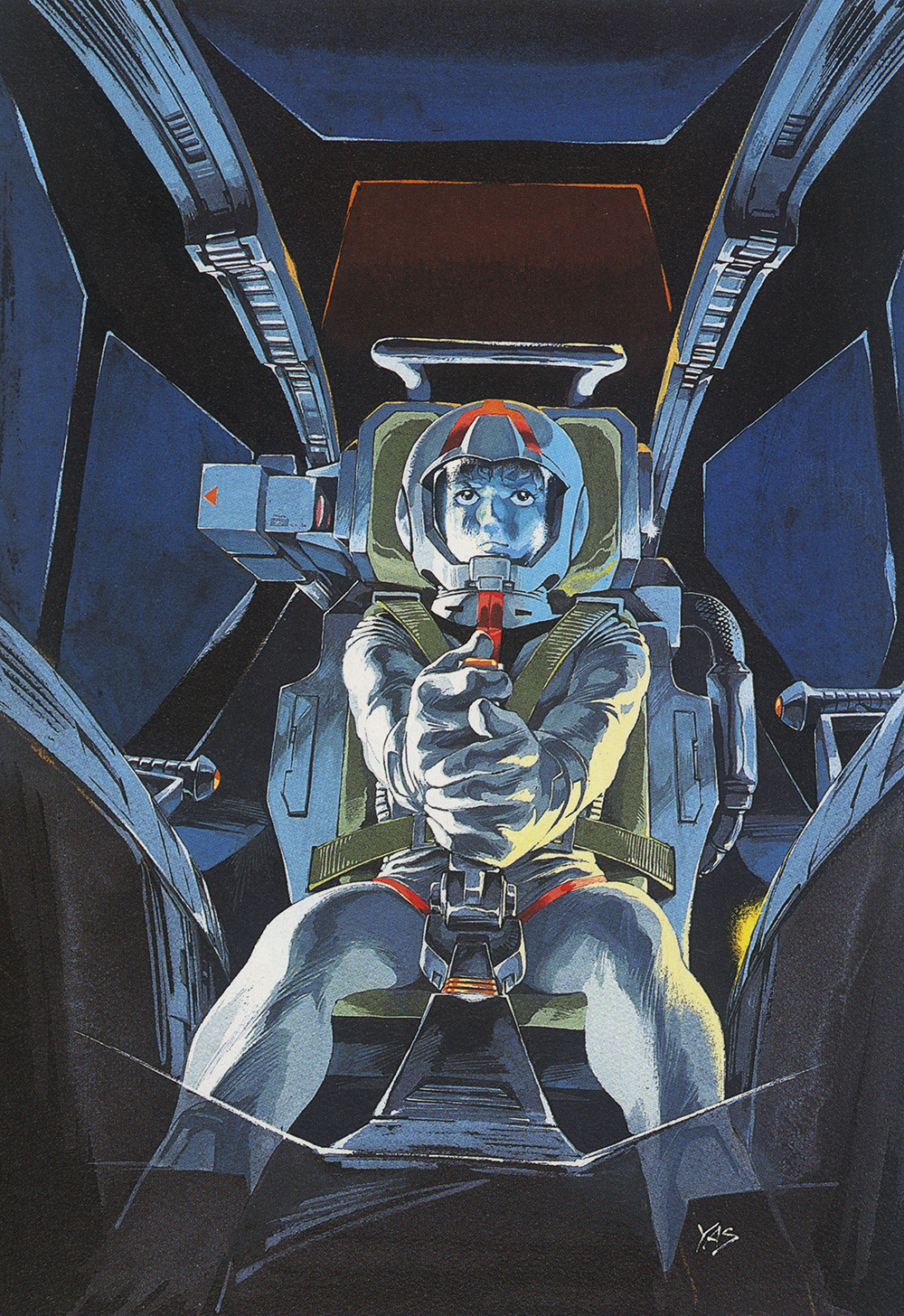 1970s_(style) 1980s_(style) amuro_ray cockpit control_stick earth_federation_space_forces gloves gundam helmet highres machinery mecha mobile_suit mobile_suit_gundam official_art painting_(medium) pilot pilot_suit promotional_art retro_artstyle robot rx-78-2 scan serious signature traditional_media yasuhiko_yoshikazu