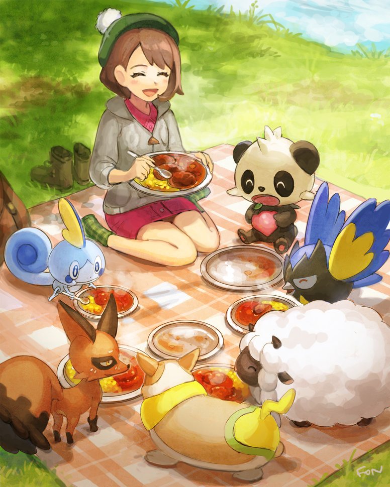 1girl berry_(pokemon) blush_stickers bright_pupils brown_hair closed_eyes curry dress empty_plate eyelashes fon-due_(fonfon) food gloria_(pokemon) grass green_hat grey_jacket holding holding_food holding_spoon jacket nickit open_mouth pancham pecha_berry picnic_blanket pink_dress plaid_socks pokemon pokemon_(creature) pokemon_swsh rookidee short_hair signature sobble spoon white_pupils wooloo yamper