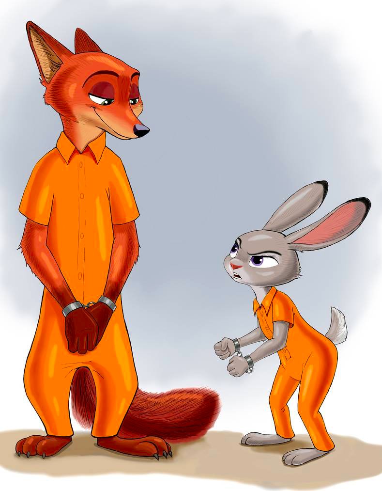 canid canine disney female fox frustrated handcuffed handcuffs judy_hopps lagomorph leporid male mammal nick_wilde prison_jumpsuit prison_uniform prisoner rabbit shackles zdrer456 zootopia