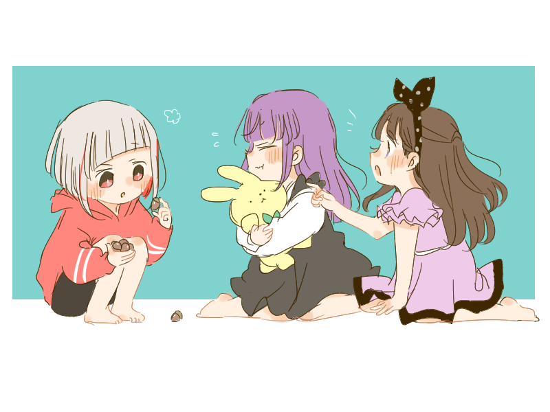 3girls :o acorn aged_down aqua_background black_dress black_shorts blush bob_cut border brown_hair child closed_eyes closed_mouth colored_inner_hair commentary diagonal_bangs dress flower_(symbol) flying_sweatdrops frilled_sleeves frills fujishima_megumi grey_hair holding holding_acorn hood hoodie hugging_doll hugging_object inverted_bob kase_(ks_lys) link!_like!_love_live! long_hair long_sleeves looking_at_another love_live! multicolored_hair multiple_girls notice_lines otomune_kozue outside_border pink_dress pout purple_eyes purple_hair red_eyes red_hair red_hoodie short_hair short_sleeves shorts sidelocks sitting squatting streaked_hair stuffed_animal stuffed_rabbit stuffed_toy two_side_up virtual_youtuber wariza wavy_mouth white_border yugiri_tsuzuri