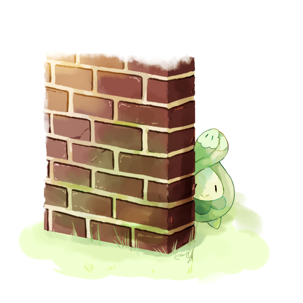 brick_wall budew creature full_body grass hiding looking_at_viewer mei_(maysroom) no_humans pokemon pokemon_(creature) smile solo standing wall