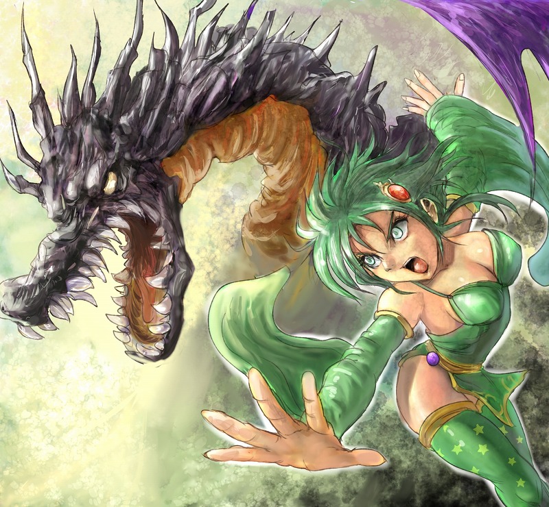 1girl amon_(artist) breasts cleavage commentary_request detached_sleeves dress final_fantasy final_fantasy_iv green_eyes green_hair hair_ornament jewelry long_hair mist_dragon older rydia thighhighs