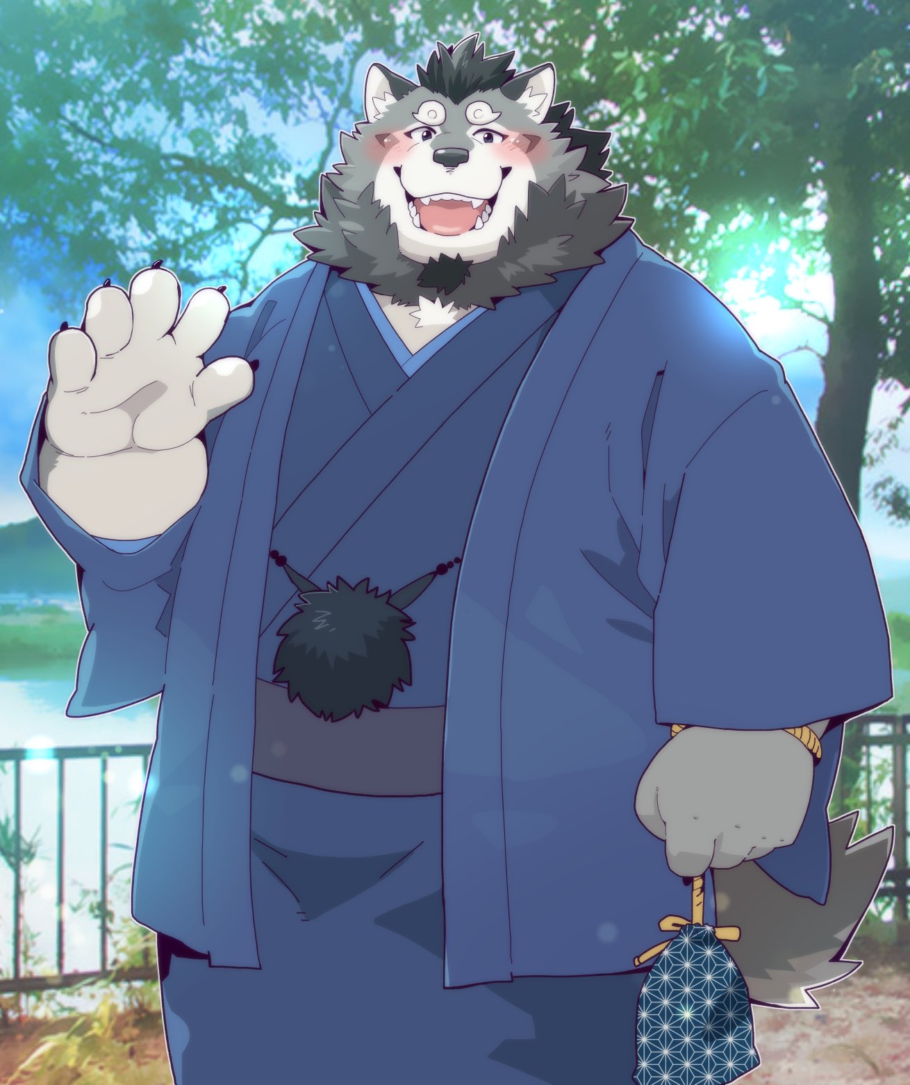 2020 anthro blush canid canine clothing detailed_background garouzuki hi_res humanoid_hands kemono male mammal outside overweight overweight_male robe solo tamakore yamato_(tamakore)