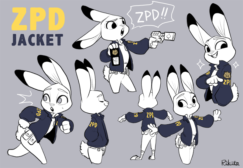 2017 anthro badge bodily_fluids buckteeth clothed clothing dialogue dipstick_ears disney duo eyes_closed female fur gesture grey_background gun hands_in_pockets holding_gun holding_object holding_weapon judy_hopps lagomorph leporid looking_at_viewer looking_back mammal multicolored_ears multiple_poses open_mouth pockets pointing police_uniform pose rabbit ranged_weapon rear_view restricted_palette rikuta_tp running simple_background smile sweat teeth text uniform weapon zootopia