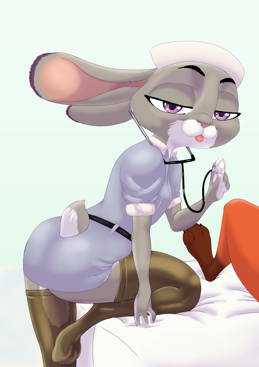 2020 :3 akiric ambiguous_gender anthro bed bedroom_eyes belt butt clothed clothing disney duo female furgonomics furniture gradient_background green_background hat headgear headwear hi_res judy_hopps lagomorph legwear leporid looking_at_viewer mammal medical_instrument narrowed_eyes nick_wilde nurse nurse_uniform purple_eyes rabbit scientific_instrument seductive simple_background smile solo_focus stethoscope stockings tail_clothing tongue tongue_out uniform zootopia