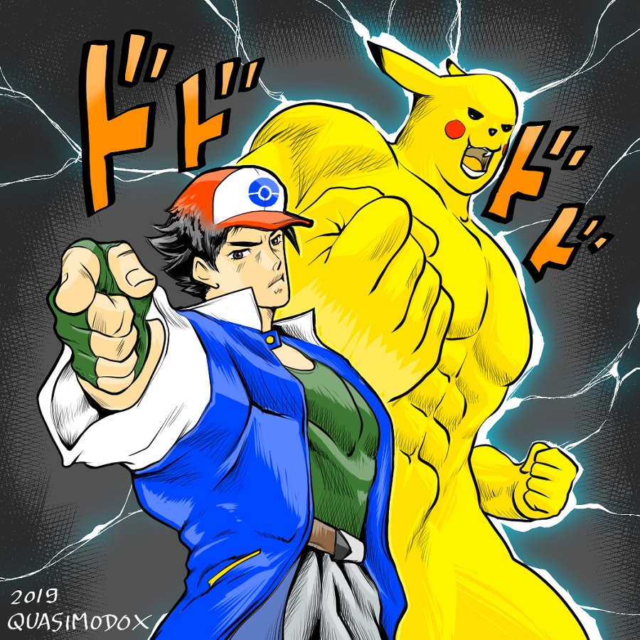 1980s_(style) 2boys abs araki_hirohiko_(style) baseball_cap black_hair brown_eyes commentary electricity fingerless_gloves gloves green_gloves hat jojo_no_kimyou_na_bouken jojo_pose male_focus manly multiple_boys muscle oldschool parody pikachu pointing pointing_at_viewer pokemon pokemon_(anime) pokemon_(classic_anime) pose quasimodox satoshi_(pokemon) sound_effects stand_(jojo) style_parody yellow_fur