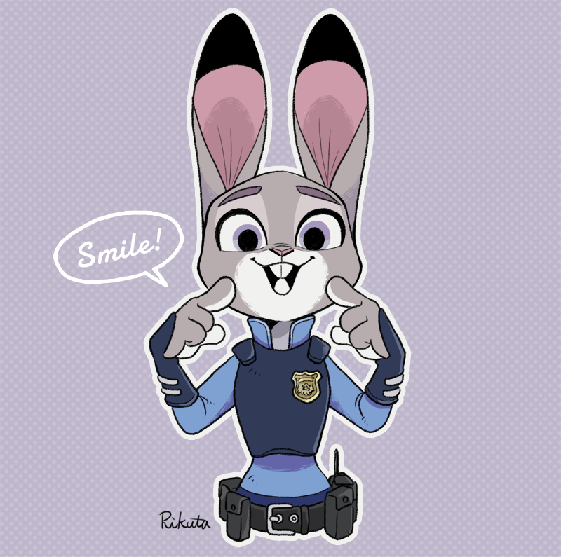 2017 4_fingers anthro badge belt belt_pouch big_eyes buckteeth bulletproof_vest clothed clothing dialogue dipstick_ears disney dotted_background english_text female fingers front_view fur gesture grey_body grey_fur half-length_portrait judy_hopps lagomorph leporid long_ears mammal multicolored_ears outline pattern_background pink_nose pointing pointing_at_head pointing_at_self portrait purple_eyes rabbit rikuta_tp shirt simple_background smile solo speech_bubble talking_to_viewer teeth text toony topwear white_body white_fur wrist_guards zootopia