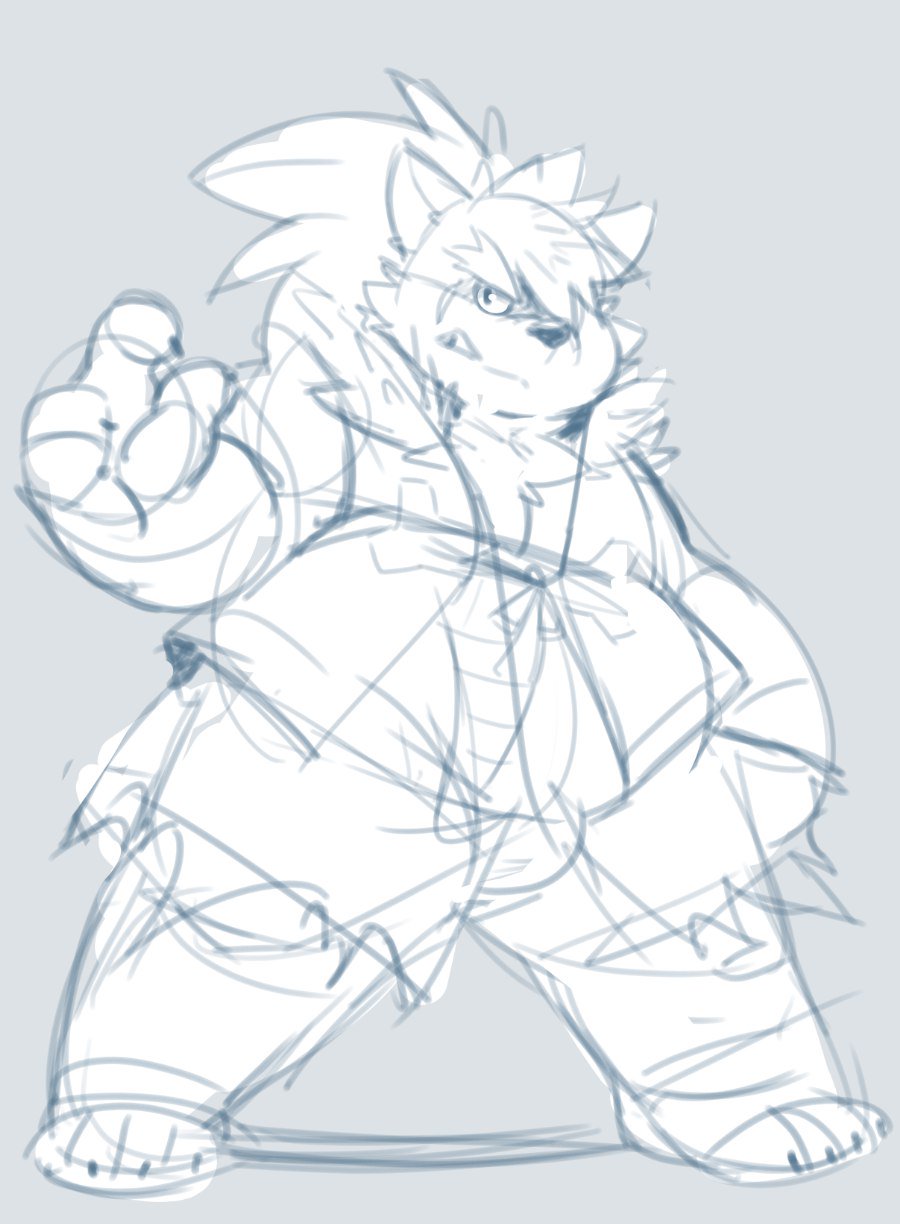 2018 anthro bottomwear bulge canid canine canis clothing domestic_dog hi_res lessertaro male mammal overweight overweight_male scar shino_(housamo) shorts simple_background solo tokyo_afterschool_summoners video_games