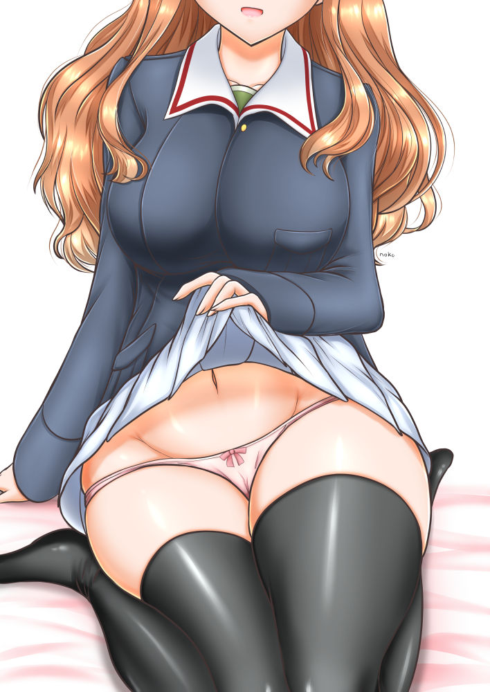 1girl artist_name bed_sheet black_legwear bow bow_panties commentary_request facing_viewer girls_und_panzer green_shirt groin io-catalyst jacket lifted_by_self long_hair long_sleeves military military_uniform miniskirt navel on_bed ooarai_military_uniform open_mouth orange_hair out_of_frame panties partial_commentary pink_panties pleated_skirt shirt signature sitting skindentation skirt skirt_lift smile solo takebe_saori thighhighs thighs underwear uniform wariza white_background white_skirt