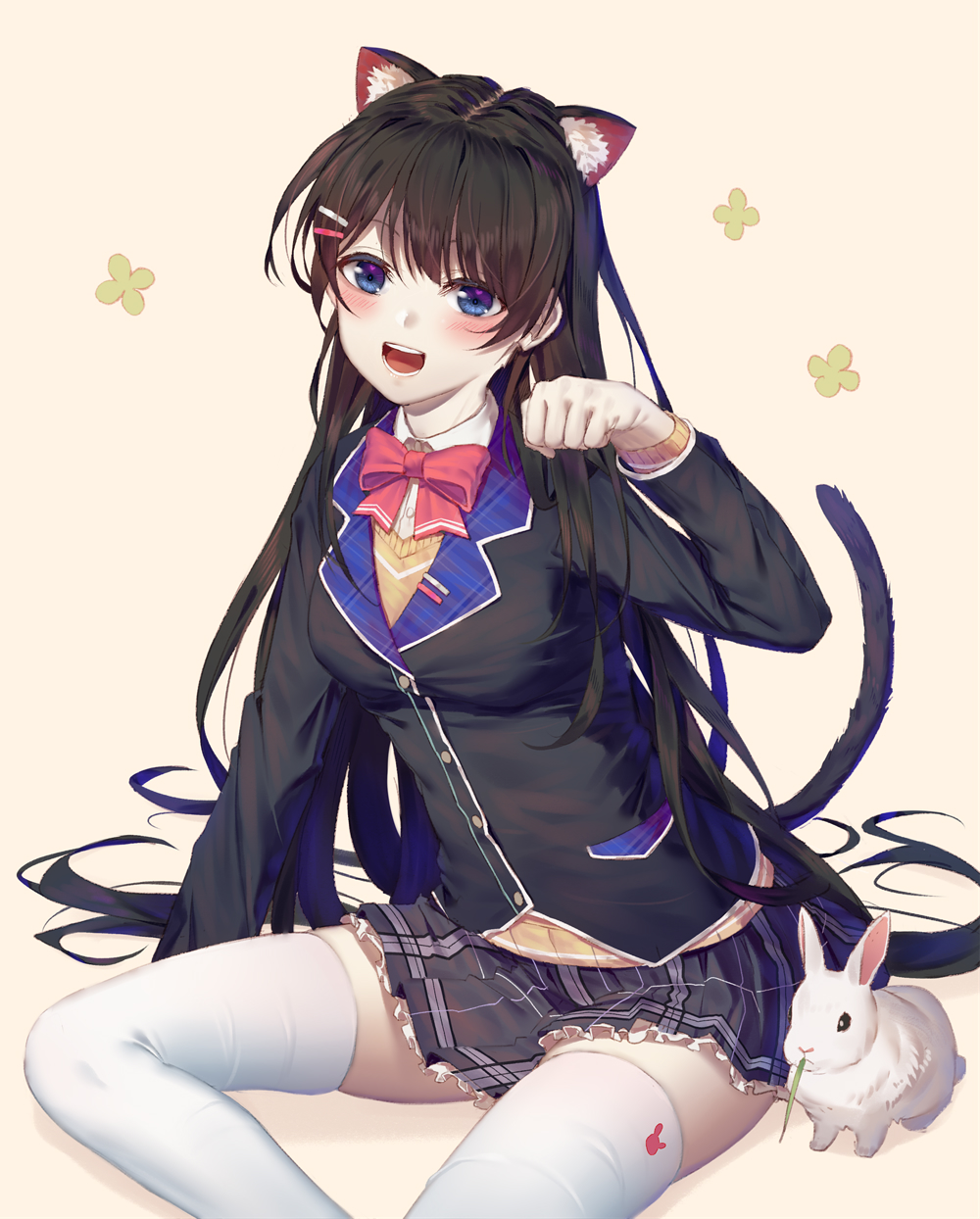 1girl :d animal animal_ear_fluff animal_ears bangs black_hair black_jacket black_skirt blazer blue_eyes blush bow bowtie breasts brown_sweater bunny buttons cat_ears cat_tail collared_shirt feet_out_of_frame floral_background hair_ornament hair_spread_out hairclip hand_up head_tilt highres jacket ji_dao_ji kemonomimi_mode long_hair long_sleeves looking_at_viewer medium_breasts miniskirt nijisanji open_mouth paw_pose pink_neckwear shirt sidelocks simple_background sitting skirt smile solo sweater tail teeth thighhighs tsukino_mito very_long_hair virtual_youtuber white_legwear white_shirt wing_collar yellow_background zettai_ryouiki