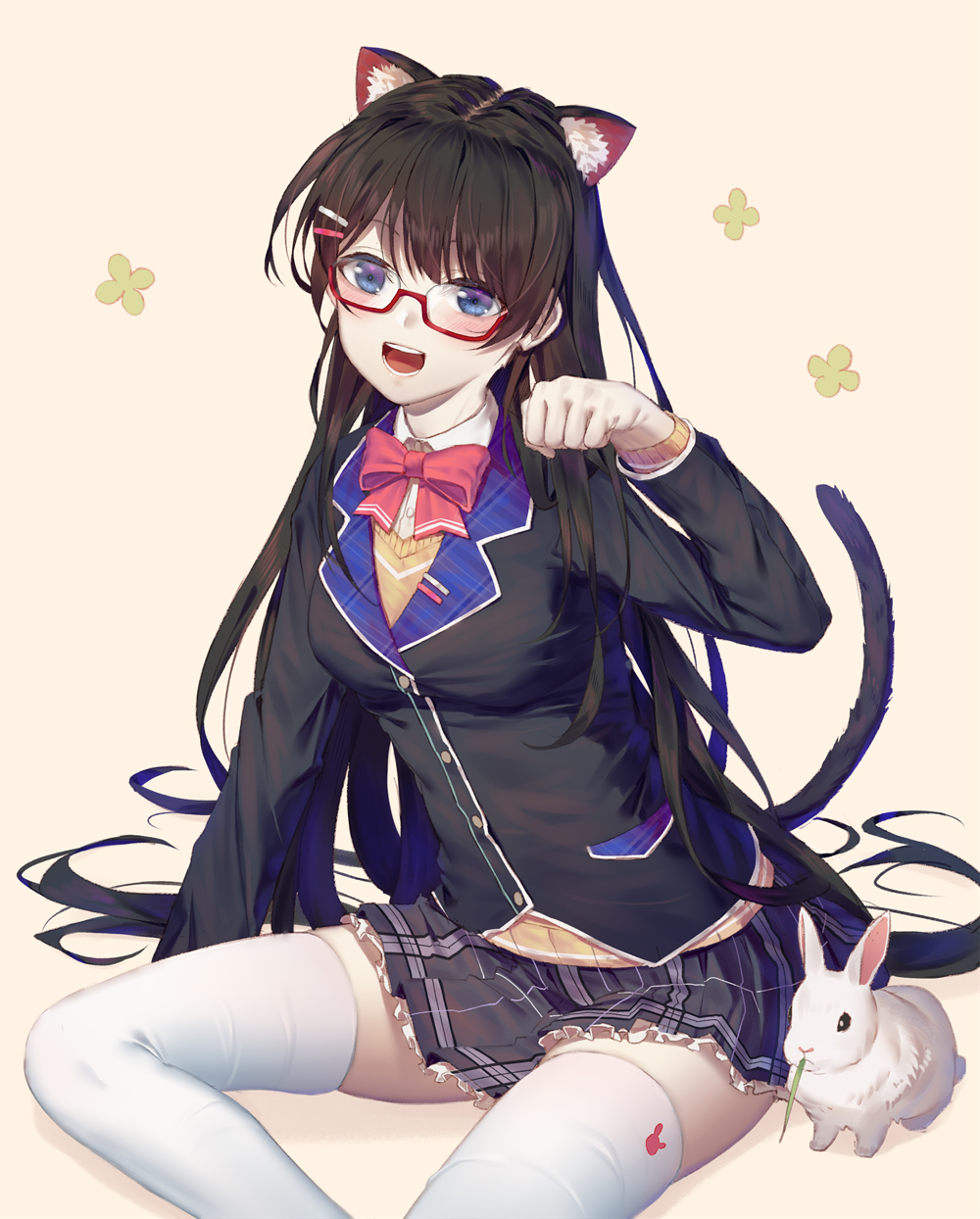1girl :d animal animal_ear_fluff animal_ears bangs bespectacled black_hair black_jacket black_skirt blazer blue_eyes blush bow bowtie breasts brown_sweater bunny buttons cat_ears cat_tail collared_shirt commentary_request feet_out_of_frame floral_background glasses hair_ornament hair_spread_out hairclip hand_up head_tilt highres jacket ji_dao_ji kemonomimi_mode long_hair long_sleeves looking_at_viewer medium_breasts miniskirt nijisanji open_mouth paw_pose pink_neckwear red-framed_eyewear semi-rimless_eyewear shirt sidelocks simple_background sitting skirt smile solo sweater tail teeth thighhighs tsukino_mito very_long_hair virtual_youtuber white_legwear white_shirt wing_collar yellow_background zettai_ryouiki