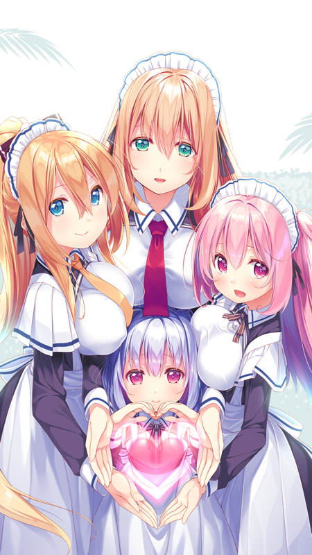 4girls bangs blonde_hair blue_eyes blue_hair breast_press breasts commentary_request eyebrows_visible_through_hair green_eyes hair_between_eyes heart heart_hands large_breasts looking_at_viewer maid maid_dress maid_headdress multiple_girls neckerchief original pink_hair ponytail red_eyes red_neckwear sidelocks simple_background small_breasts usume_shirou white_background yellow_neckwear