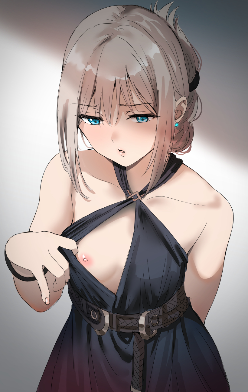 1girl alternate_costume an-94_(girls_frontline) areolae arm_behind_back blonde_hair blue_eyes blush breasts character_request cowboy_shot dress earrings folded_ponytail girls_frontline grey_background hair_between_eyes highres jewelry nipples parted_lips rin_(028ilc) self_exposure shaded_face small_breasts solo