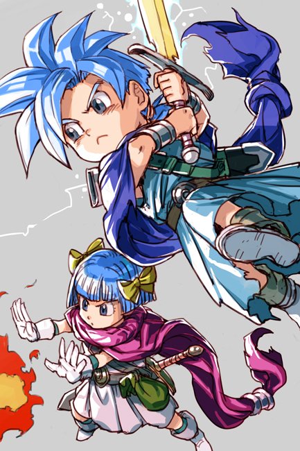 1boy 1girl :&lt; alternate_hair_color blue_eyes blue_hair bob_cut brother_and_sister cape dragon_quest dragon_quest_v electricity fire grey_background hair_ribbon hankuri hero's_daughter_(dq5) hero's_son_(dq5) magic ribbon short_hair siblings simple_background spiked_hair sword twins weapon yellow_ribbon