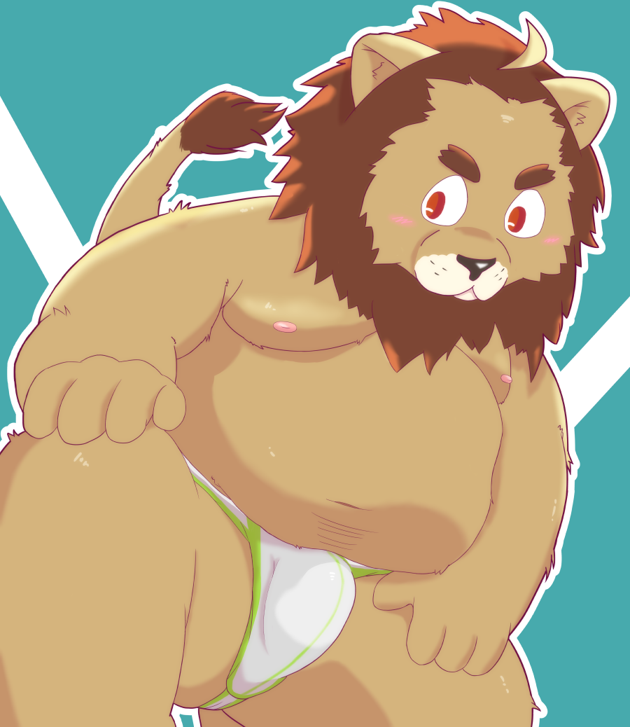 2016 anthro belly blush bulge clothing felid humanoid_hands kemono lion male mammal moobs nanaki779 nipples overweight overweight_male pantherine simple_background solo underwear