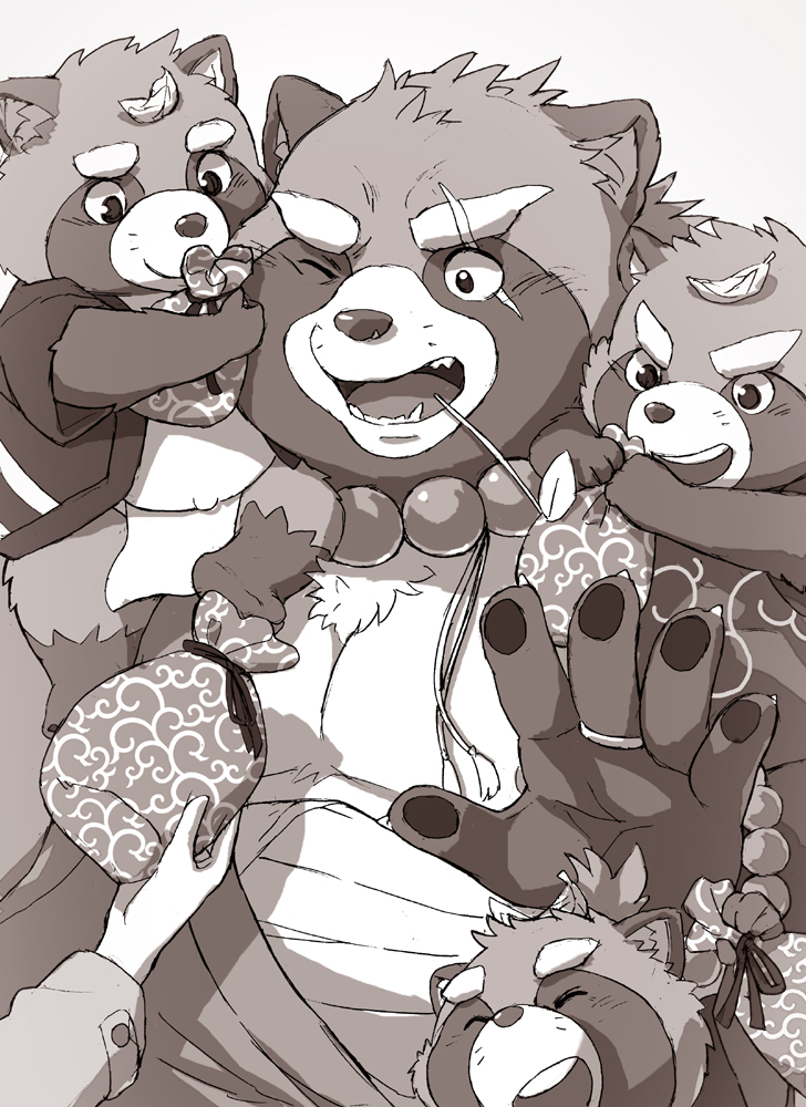 2020 anthro asian_clothing belly canid canine clothing cub east_asian_clothing fundoshi group gyobu gyobu's_underlings hijirinoyuta humanoid_hands japanese_clothing leaf male mammal overweight overweight_male raccoon_dog robe scar simple_background tanuki tokyo_afterschool_summoners underwear video_games young