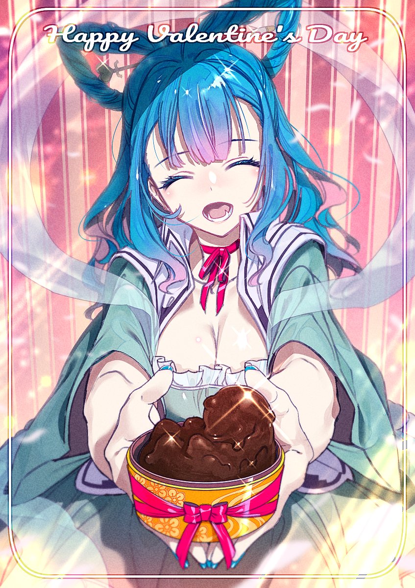1girl :d ^_^ aqua_dress bangs blue_hair blue_nails chocolate choker closed_eyes commentary_request dress eyebrows_visible_through_hair facing_viewer fangs hair_ornament hair_rings hair_stick happy_halloween highres holding kaku_seiga long_hair long_sleeves nail_polish open_mouth pink_background red_choker red_ribbon ribbon ribbon_choker shawl smile solo sparkle striped striped_background touhou upper_body vertical-striped_background vertical_stripes zounose
