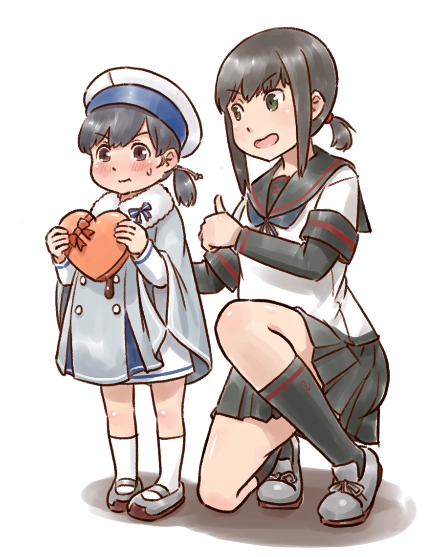 2girls adapted_costume arm_warmers black_eyes black_hair black_sailor_collar black_skirt box brown_eyes coat commentary_request dress fubuki_(kantai_collection) full_body hat heart hiburi_(kantai_collection) kantai_collection karasu_(naoshow357) low_ponytail multiple_girls pleated_skirt ponytail remodel_(kantai_collection) sailor_collar sailor_hat school_uniform serafuku short_hair short_ponytail sidelocks simple_background skirt squatting wavy_hair white_background white_dress white_headwear