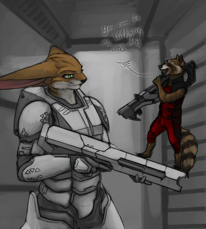! 2015 armor barefoot body_armor brown_body brown_fur clothed clothing dialogue english_text female fully_clothed fur green_eyes guardians_of_the_galaxy holding_gun holding_object holding_weapon inside ipoke looking_at_another male mammal marvel procyonid raccoon rocket_raccoon si'itiae smile text weapon white_body white_fur