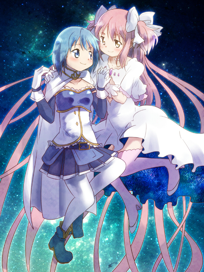 2girls absurdly_long_hair belt blue_eyes blue_footwear blue_hair blue_skirt blush boots breasts cape collarbone detached_sleeves dress floating_hair full_body gloves hair_ribbon hand_on_another's_shoulder holding_hands interlocked_fingers kaname_madoka kirikuchi_riku long_dress long_hair looking_at_another mahou_shoujo_madoka_magica miki_sayaka multiple_girls nebula night night_sky pink_hair pink_legwear pleated_skirt ribbon short_hair skirt sky small_breasts smile space star_(sky) starry_sky strapless thighhighs two_side_up ultimate_madoka very_long_hair white_cape white_dress white_legwear white_ribbon wide_sleeves yellow_eyes