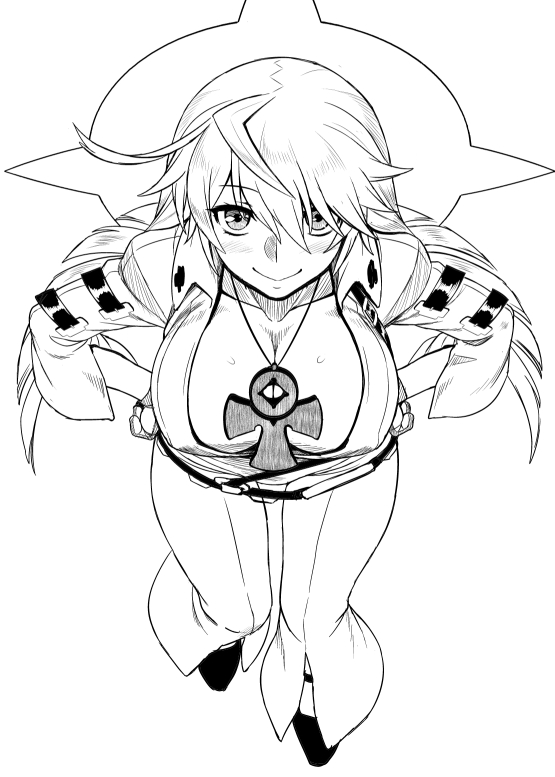 1girl ahoge ankh bodysuit breasts cleavage closed_mouth dr.p gloves guilty_gear guilty_gear_xrd halo jack-o'_valentine long_hair looking_at_viewer monochrome simple_background smile solo white_background